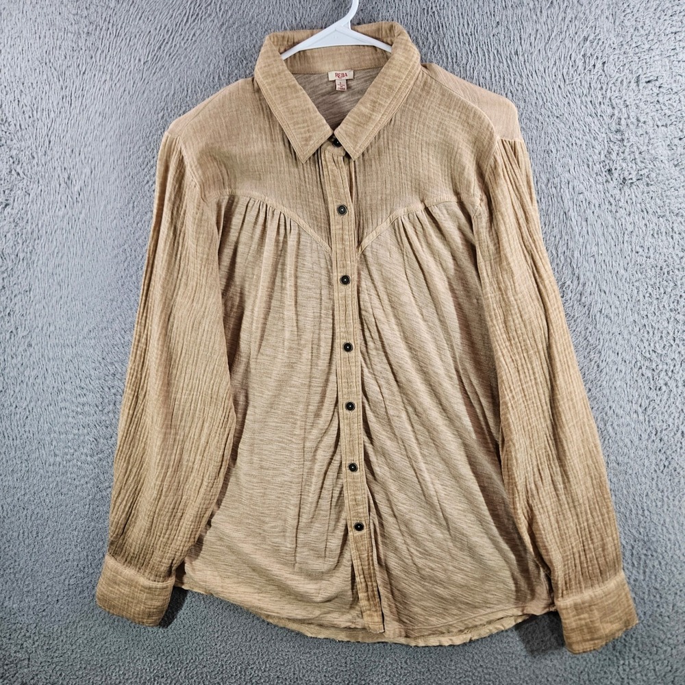 Reba Womens Tan Mixed Media Gauze Jersey Button Up Western Shirt Large
